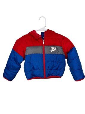 Nike Toddler Puffer Jacket 3T Red/Blue/Gray With Hood & Zipper Closure